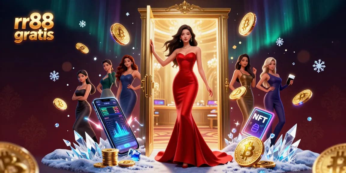 Experience rr88 gratis with a stunning woman at a VIP casino doorway, showcasing vibrant gambling elements.