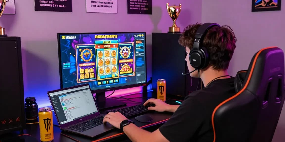 Engaged player enjoying ngamenjitu online gaming experience with lottery slots and colorful interfaces in a vibrant gaming setup.