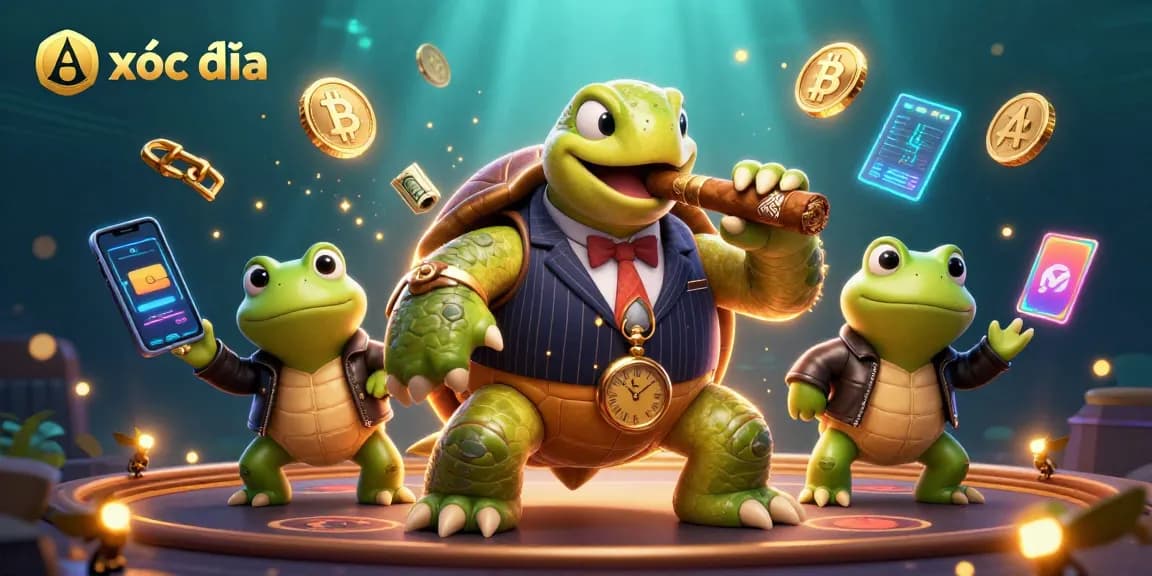 Xóc đĩa scene with a snapping turtle in a mobster suit, flanked by bullfrogs, surrounded by glowing crypto elements.