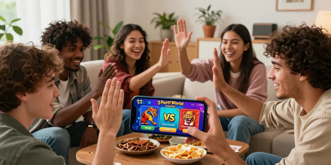 Friends enjoying the best platform for gaming with 3 Patti World app on smartphone in cozy setting.