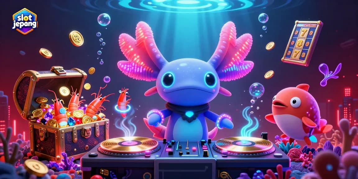 Experience vibrant slot jepang action with a neon axolotl DJ and underwater treasures in this dynamic scene.