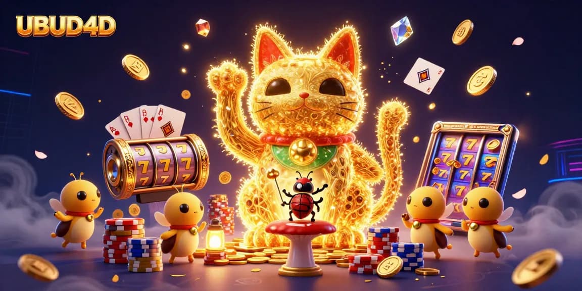 Experience UBUD4D's vibrant casino world where golden fireflies and a lucky cat inspire memory gameplay.