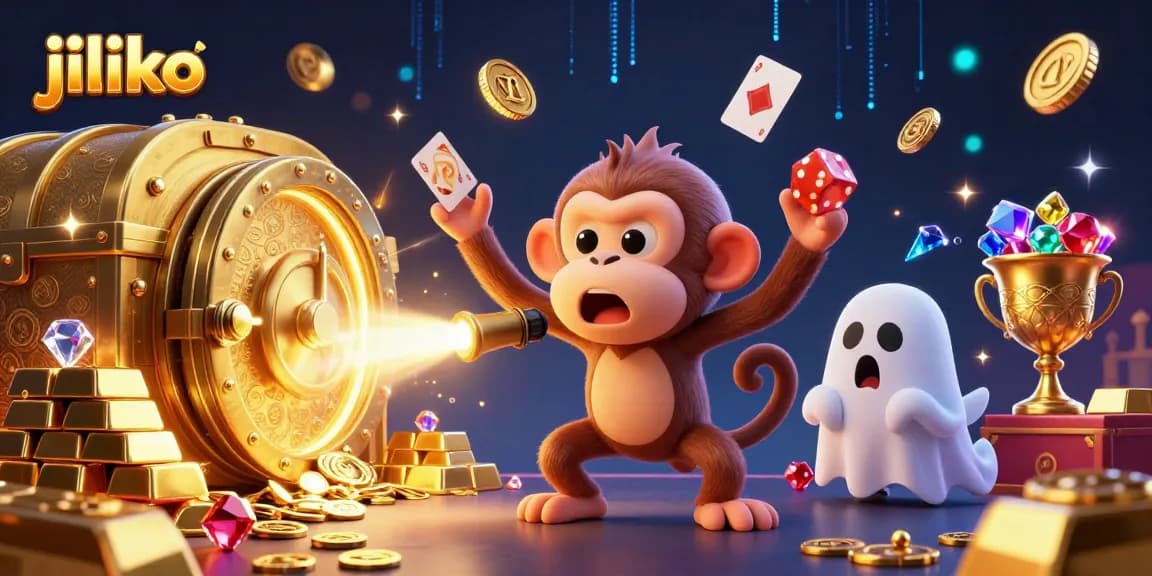 Join the fun at Jiliko with a mischievous monkey and a curious puppy in a dynamic casino scene.