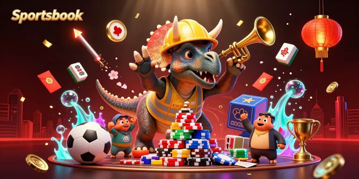 Sportsbook menampilkan dinosaurus seru dengan chip poker sambil merayakan taruhan olahraga.