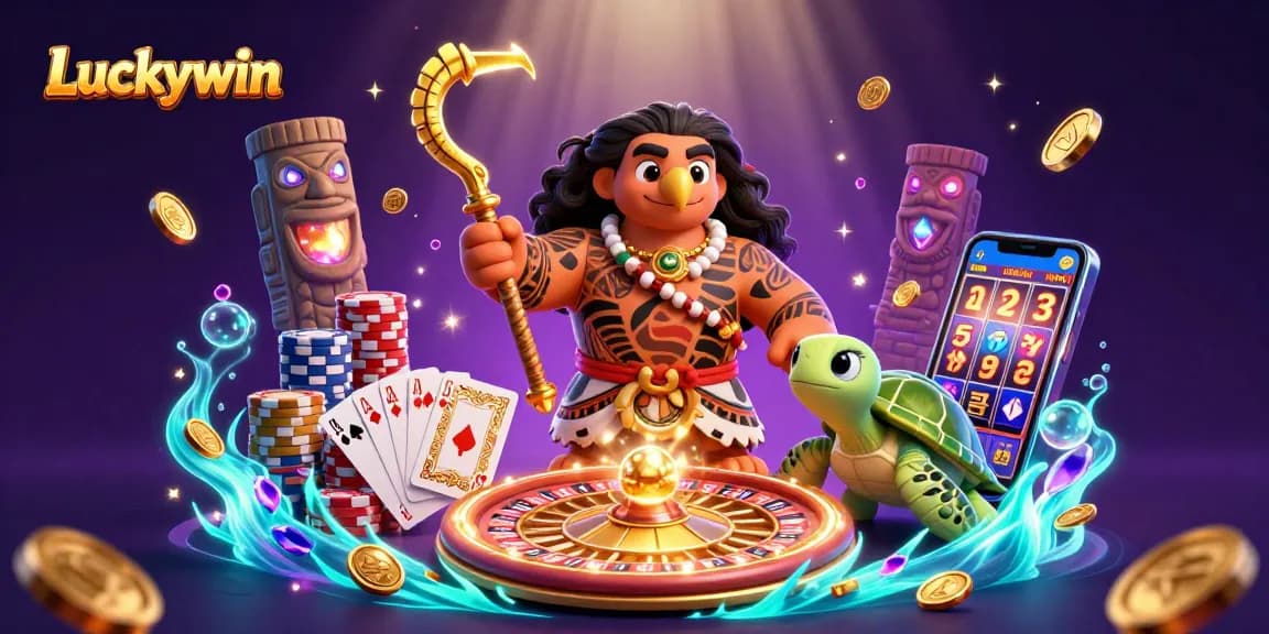 Experience the excitement of Luckywin with vibrant casino elements and characters in dynamic action.
