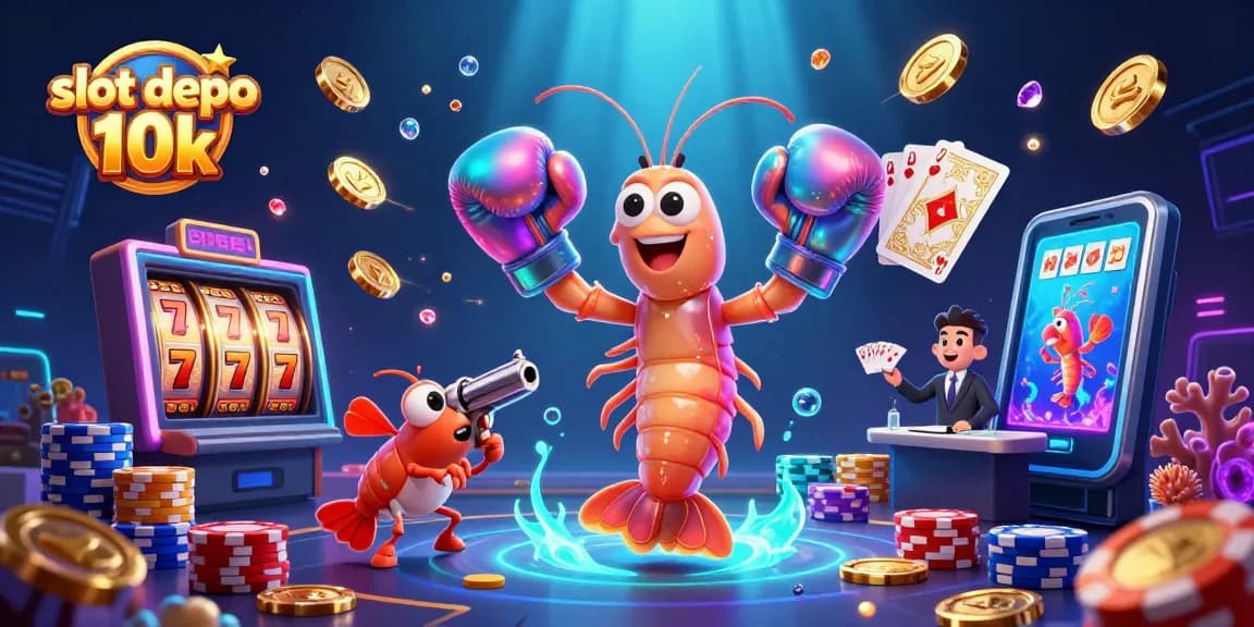 Permainan slot depo 10k dengan karakter udang mantis beraksi dan tumpukan koin berkilau