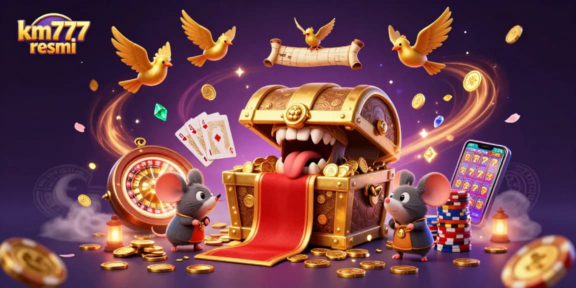 Engage with dynamic casino elements featuring the km777 resmi brand, including treasure chests and spinning games.