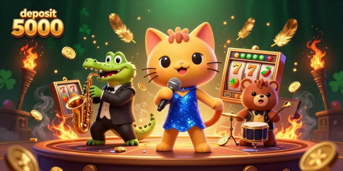 Play exciting slots with deposit 5000 at a lively casino stage, featuring entertaining characters and vibrant elements.
