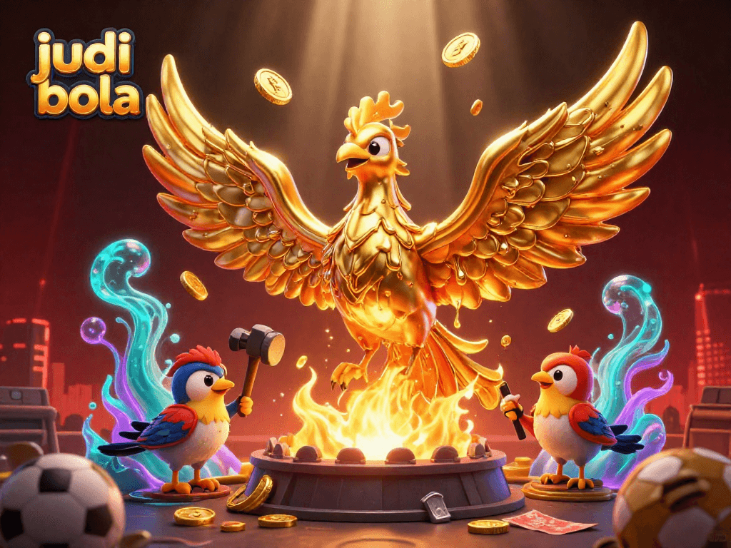 Engage in judi bola betting amidst a vibrant scene with sports elements and a golden phoenix.