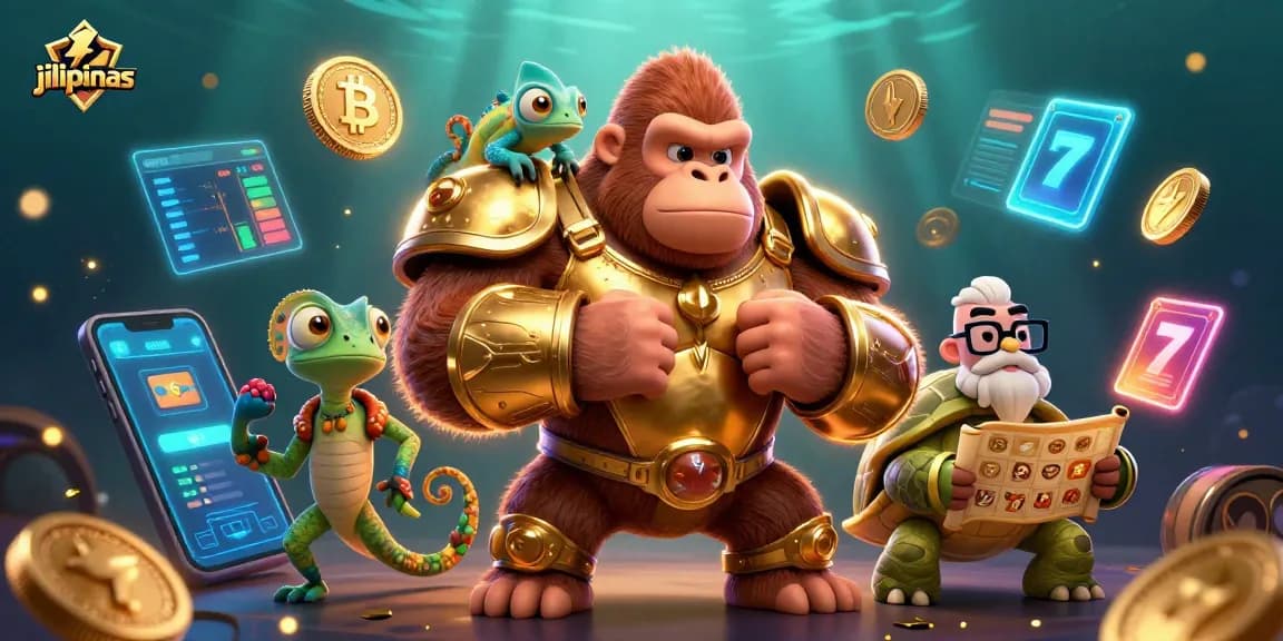 Experience thrilling gameplay with jilipinas in a vibrant casino scene featuring a gorilla king, chameleon spy, and tortoise elder.