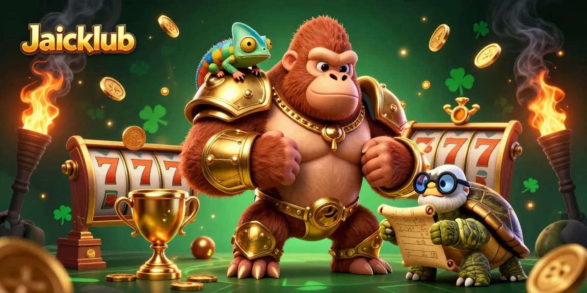 Experience thrilling gameplay at Jaiclub as a gorilla king dominates with vibrant slot reels and golden trophies.
