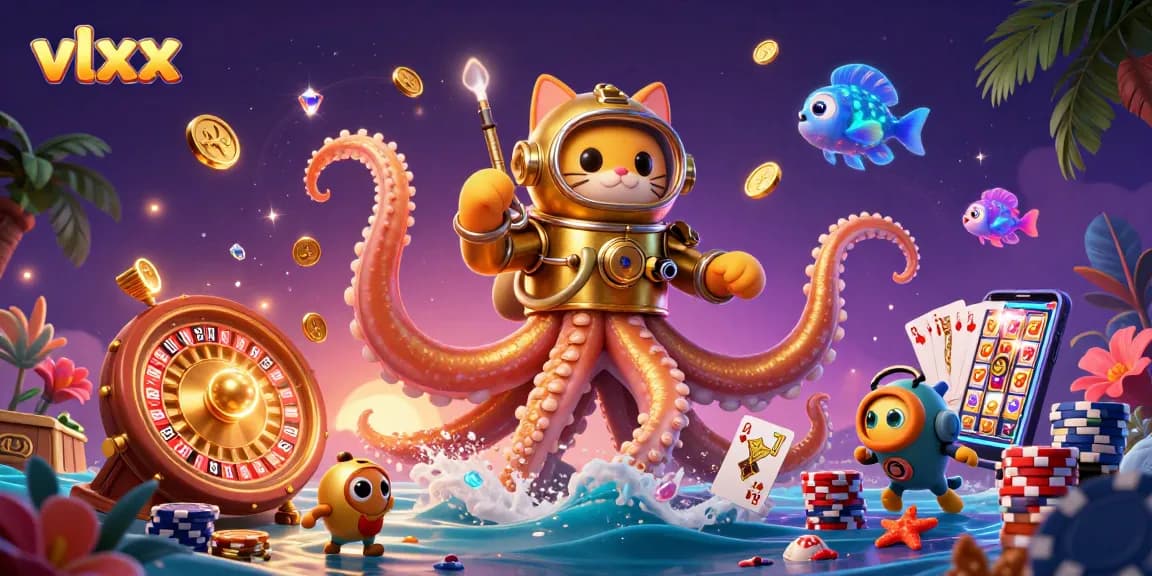 Engage with vlxx through this colorful 3D scene showcasing a kraken and a diving cat amidst casino treasures.