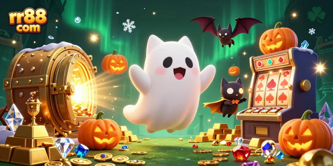Experience the thrilling world of rr88 com with a ghost cat and vampire bat in a vibrant casino.