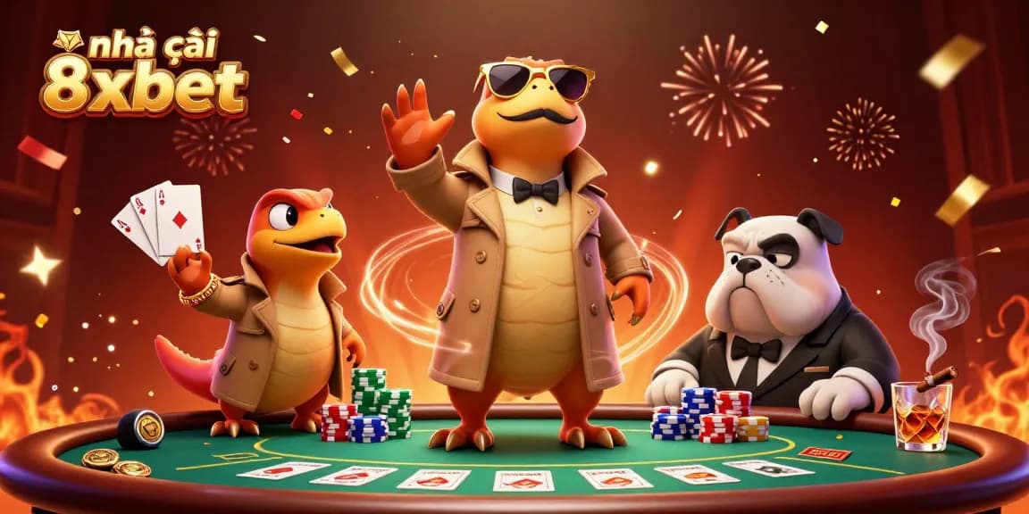Join the gaming excitement at nhà cái 8xbet with raptors and poker elements in a vibrant casino scene.