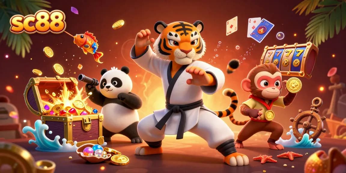 Experience thrilling gameplay with sc88's vibrant casino scene featuring a tiger master amongst treasure.