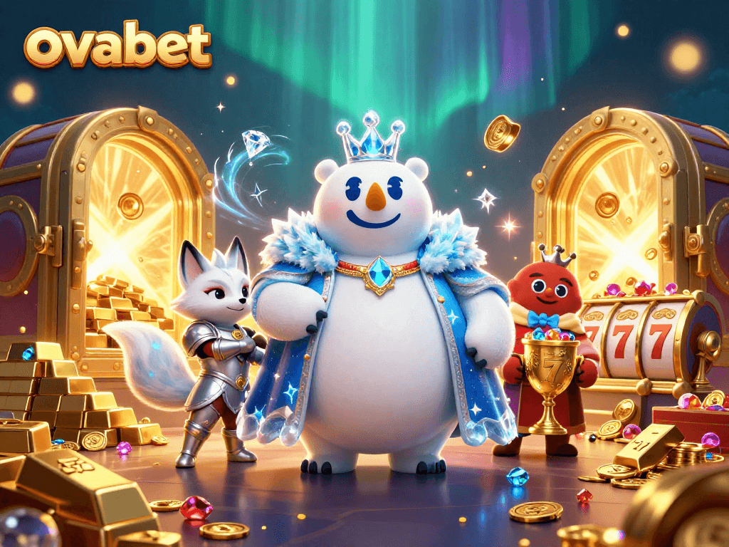 Join the fun at ovabet with a vibrant casino illustration featuring treasures and lively characters.
