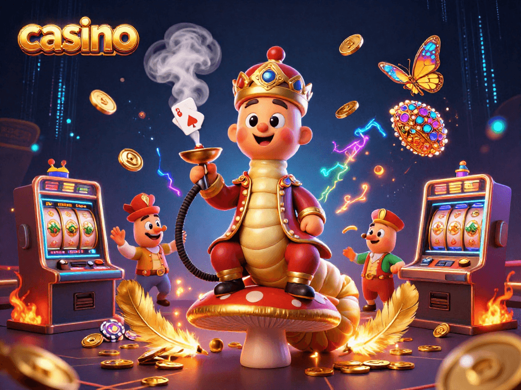 Engage in a vibrant casino scene featuring a caterpillar master blending unique elements from traditional gaming.