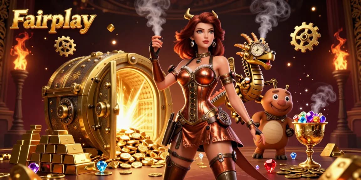 Experience the excitement of Fairplay with a stunning 3D illustration of a steampunk lady amidst a treasure-filled casino scene.