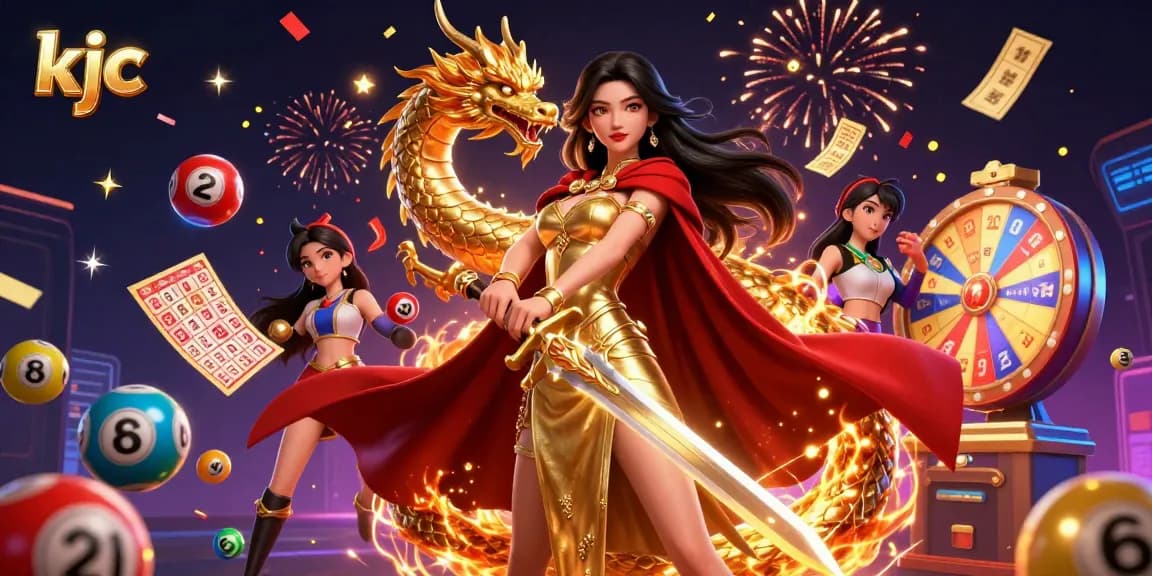 Engage with the thrilling KJC gaming experience amid vibrant lottery and casino visuals.