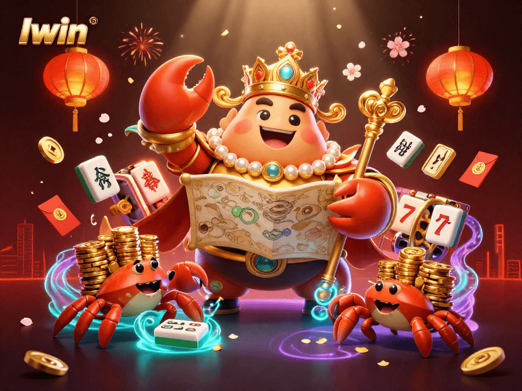 Iwin casino-themed illustration with a golden crab emperor and colorful game elements