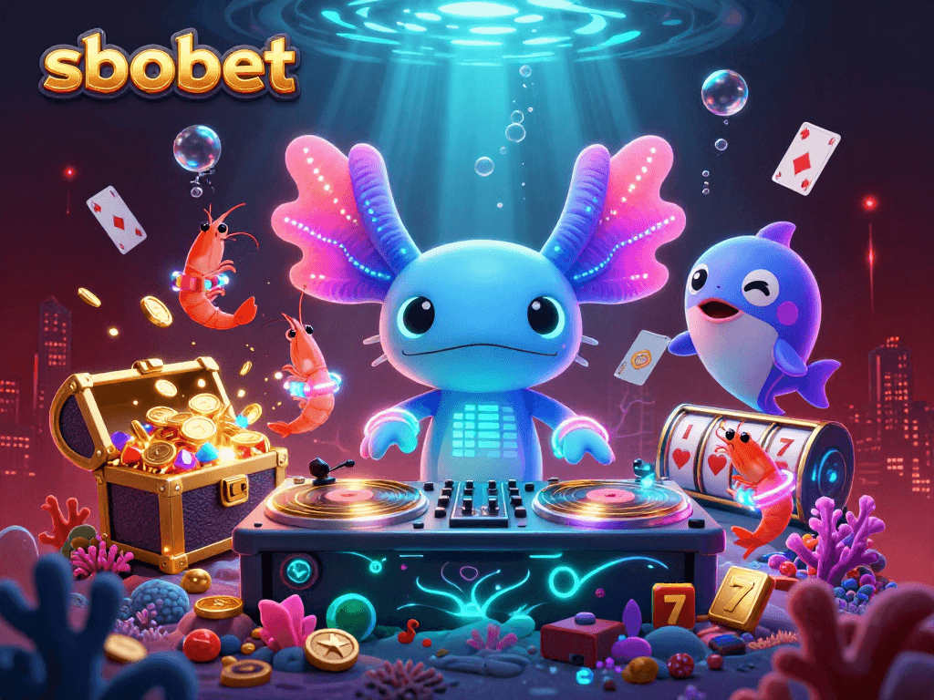 sbobet themed vibrant scene with a lively axolotl DJ and gaming elements
