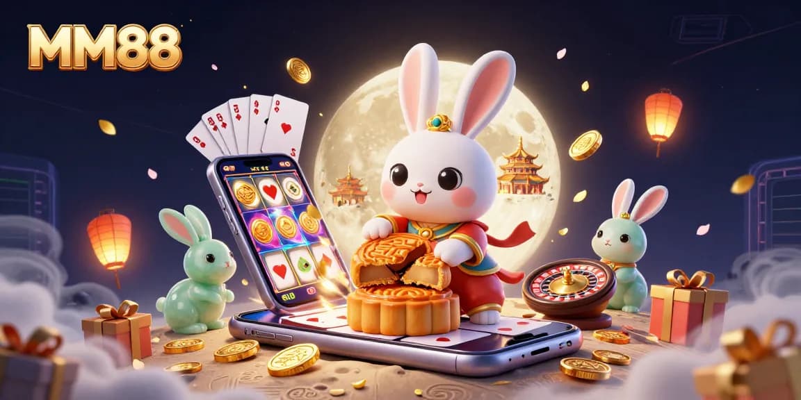 Spin slot games and win with MM88 as the moon rabbit pounds golden mooncakes revealing poker chips.