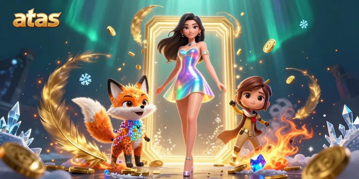 Experience the excitement at atas Casino with vibrant characters and interactive game elements in a dazzling 3D illustration.