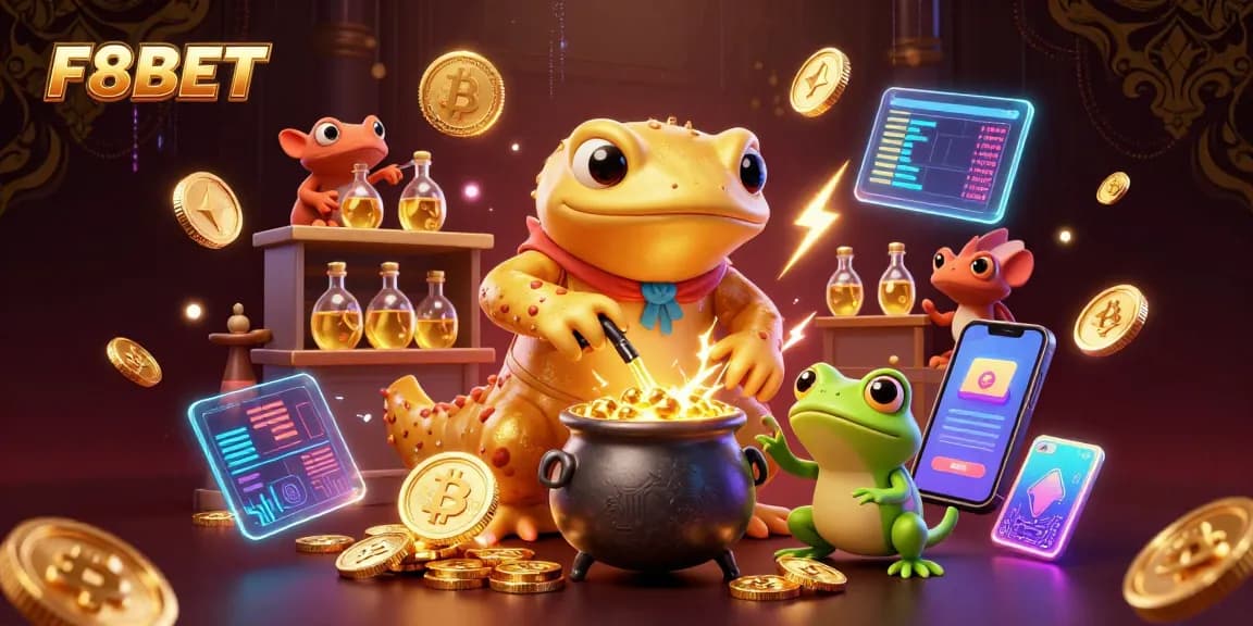 Experience thrilling wins with F8BET in this vibrant 3D casino-themed illustration featuring gold coins and alchemy.
