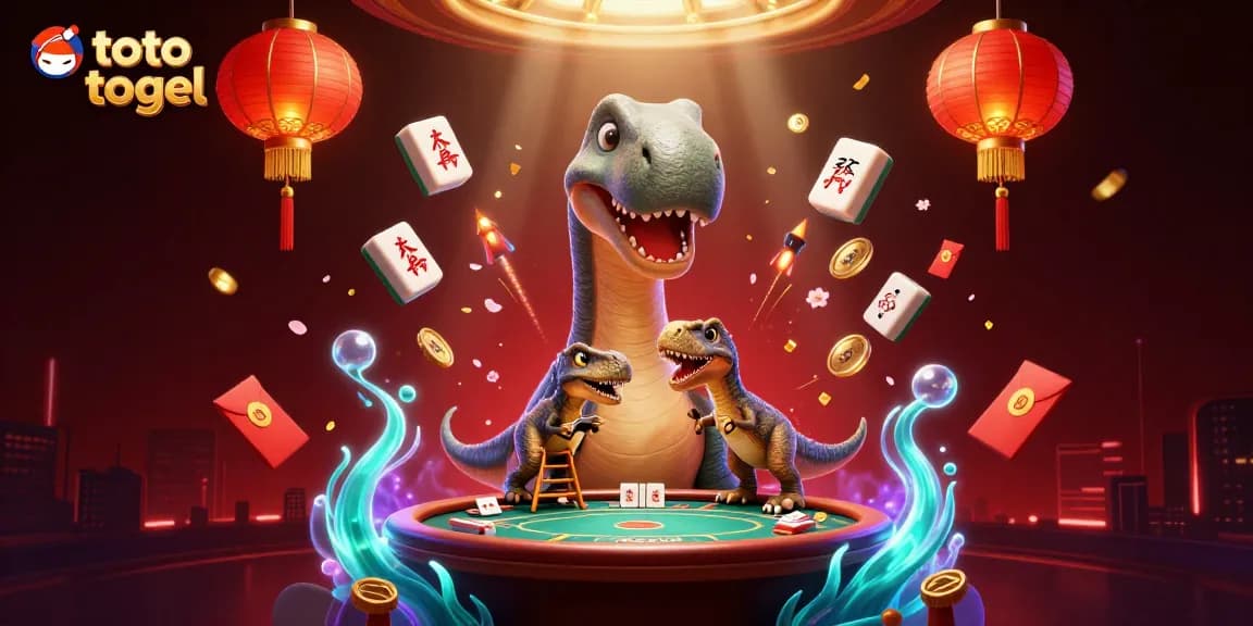 Engage with toto togel excitement at a vibrant casino featuring a tall dinosaur dealer and festive elements.