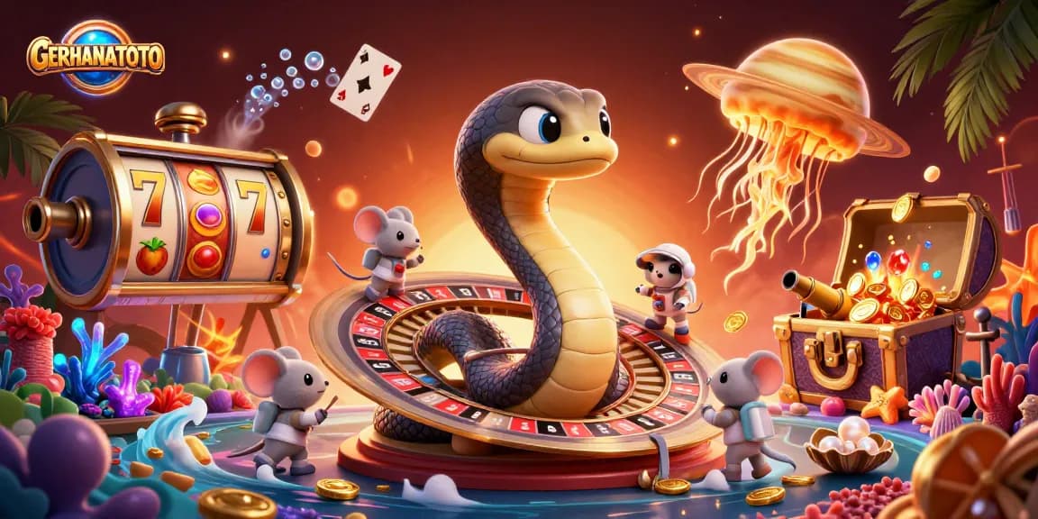 Menangkan jackpot dengan GERHANATOTO di ilustrasi kasino 3D yang penuh dengan simbol slot dan harta karun.