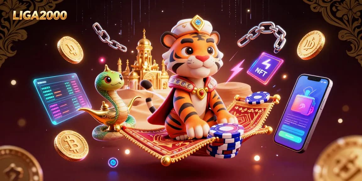 Rasakan LIGA2000 dengan adegan kasino 3D yang hidup menampilkan sultan, jin, dan elemen crypto melayang.