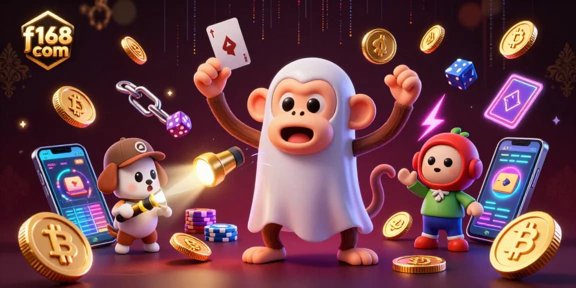 Play and win at f168 com while encountering a mischievous ghost monkey amidst a lively casino scene.