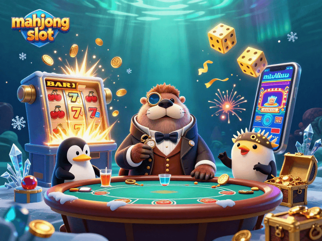 Engage with mahjong slot excitement in this vibrant underwater casino scene featuring cartoon characters.
