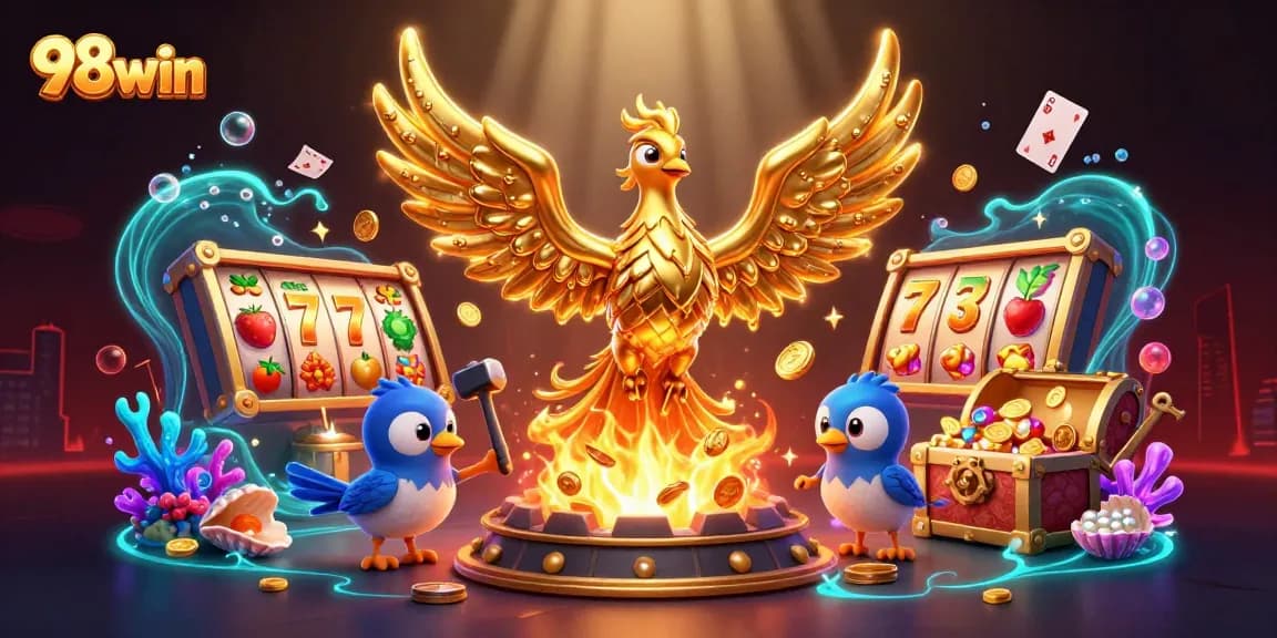 Experience thrilling 98win slot action with golden phoenix and vibrant casino elements in a dynamic illustration.