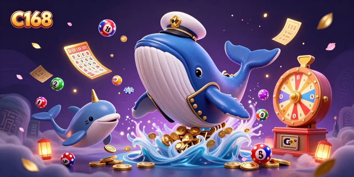 Experience the thrill of C168 with a cartoon whale and playful dolphins in a vibrant casino scene.