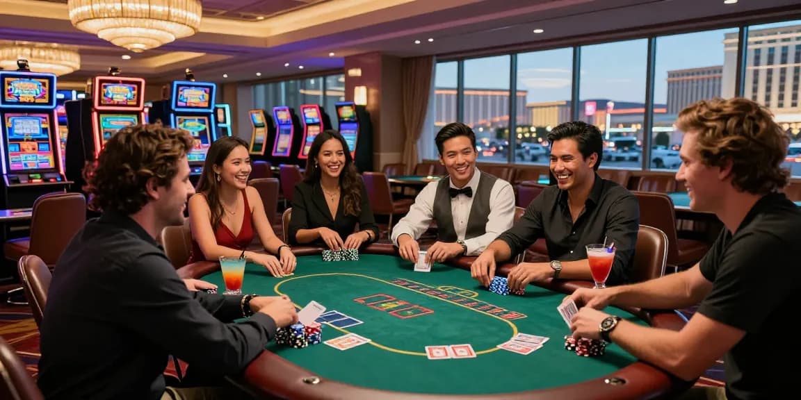 Group enjoying casino pbn links at vibrant poker table in luxury casino environment.