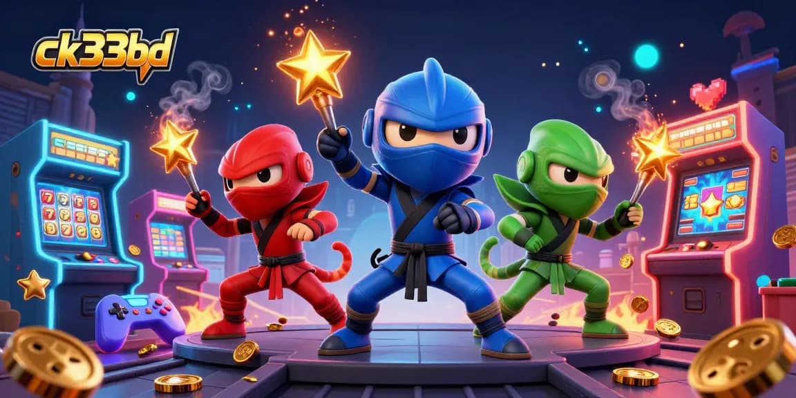 Experience thrilling gaming with ck33bd's ninja chameleon team amidst vibrant casino elements.