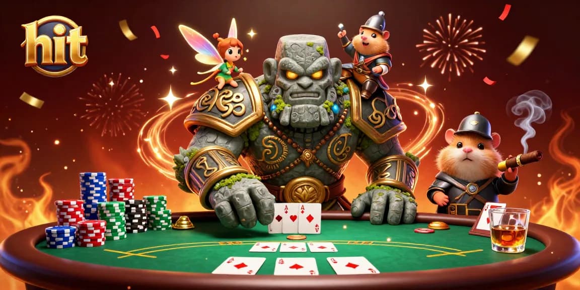 Hit big at the poker table in this vibrant, magical scene featuring a golem guardian and magical companions.
