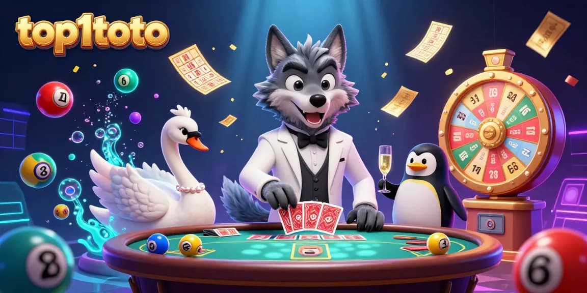 Experience the excitement of top1toto with vibrant lottery elements and animated characters in a dynamic casino scene.