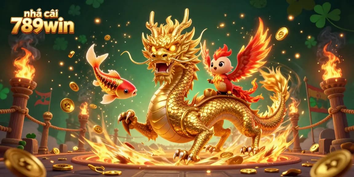 Experience the excitement of nhà cái 789win with an illustration of a dragon, phoenix, and koi fish celebrating wins.