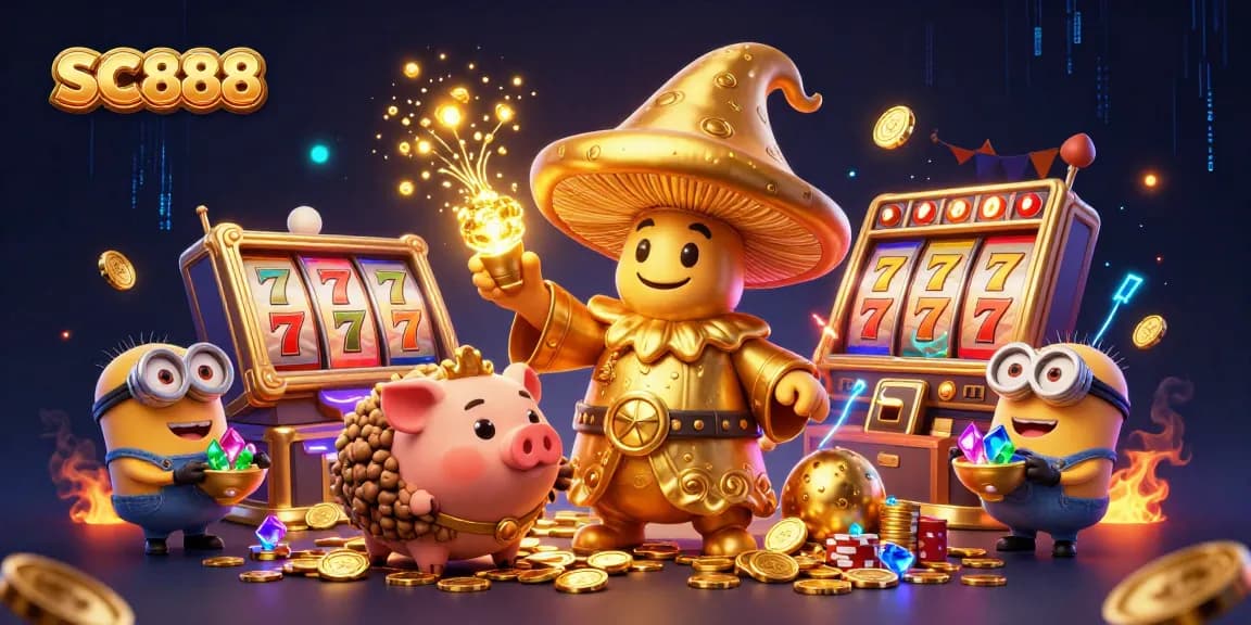 Experience the magic of SC888 with a golden mushroom wizard and treasure-hunting pig in an exciting casino scene.