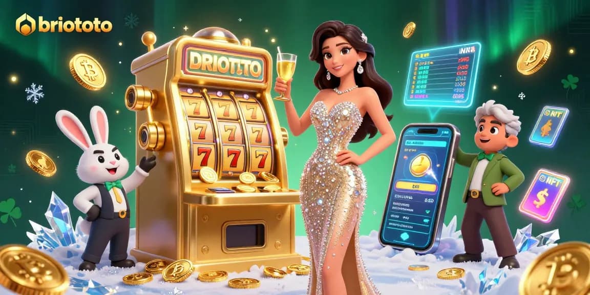 Briototo showcases thrilling casino gameplay with a glamorous woman celebrating by a jackpot slot.