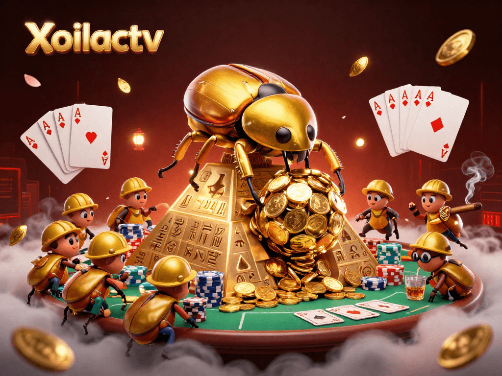 Xoilactv brings vibrant excitement with golden beetles and poker elements in a casino setting.