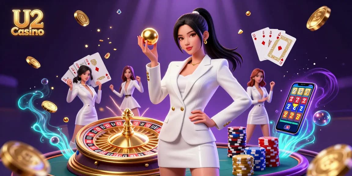 Experience the thrilling U2 Casino with vivid gaming elements, including a roulette ball and cascading gold coins.