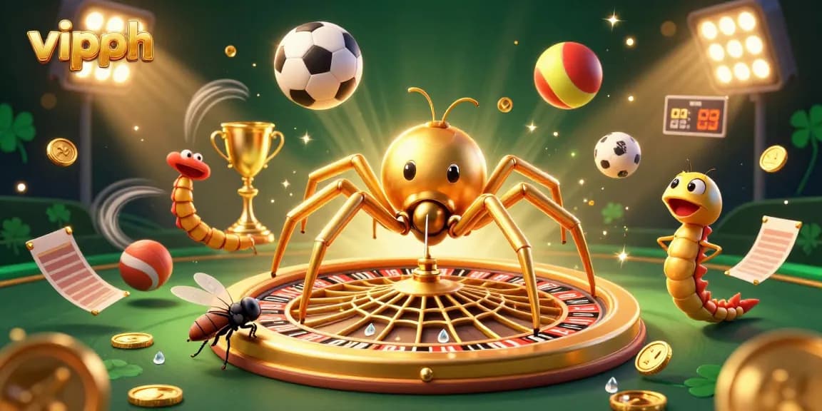 Experience engaging gameplay at vipph, featuring a golden spider and centipede croupier in a vibrant casino scene.