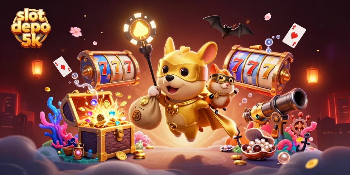 Experience the excitement of slot depo 5k with superheroes collecting treasures in this vibrant casino scene.