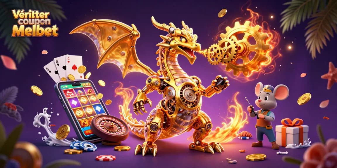 Vérifier coupon Melbet avec un dragon mécanique et des éléments de jeu colorés dans un cadre dynamique.