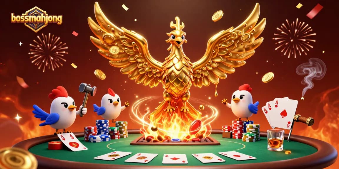 Permainan menaikkan jackpot menarik di bossmahjong dengan phoenix emas dan tumpukan chip poker.