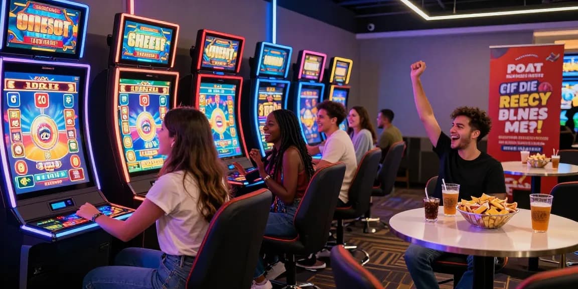 Pengalaman bermain slot di kasino online, dengan teman-teman tersenyum dan suasana yang ceria.