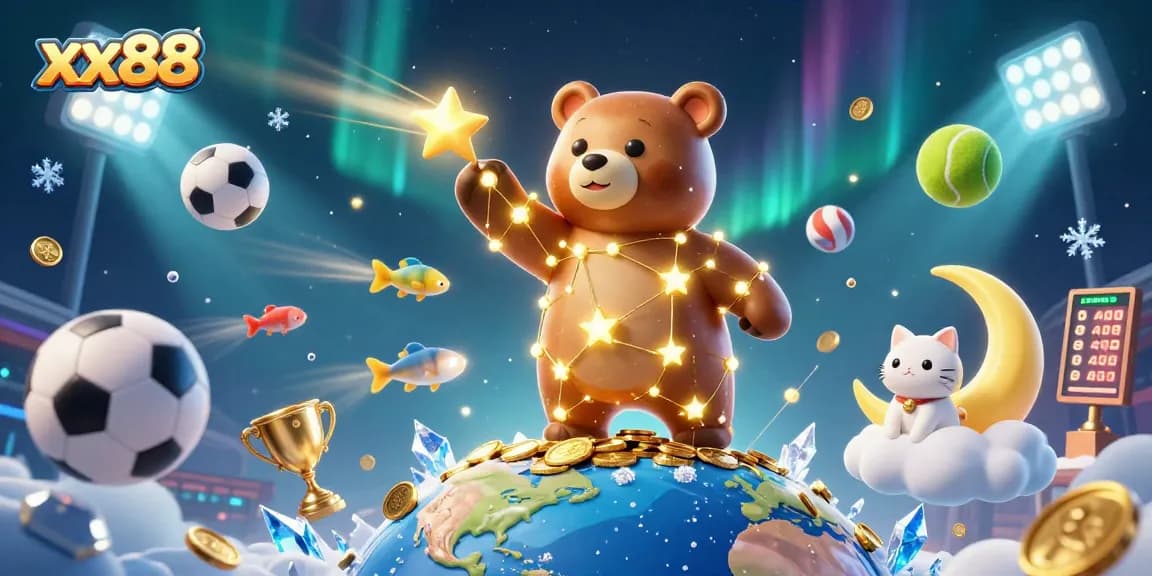 Experience thrilling gameplay with xx88 as a constellation bear scoops coins while sports elements fly around.